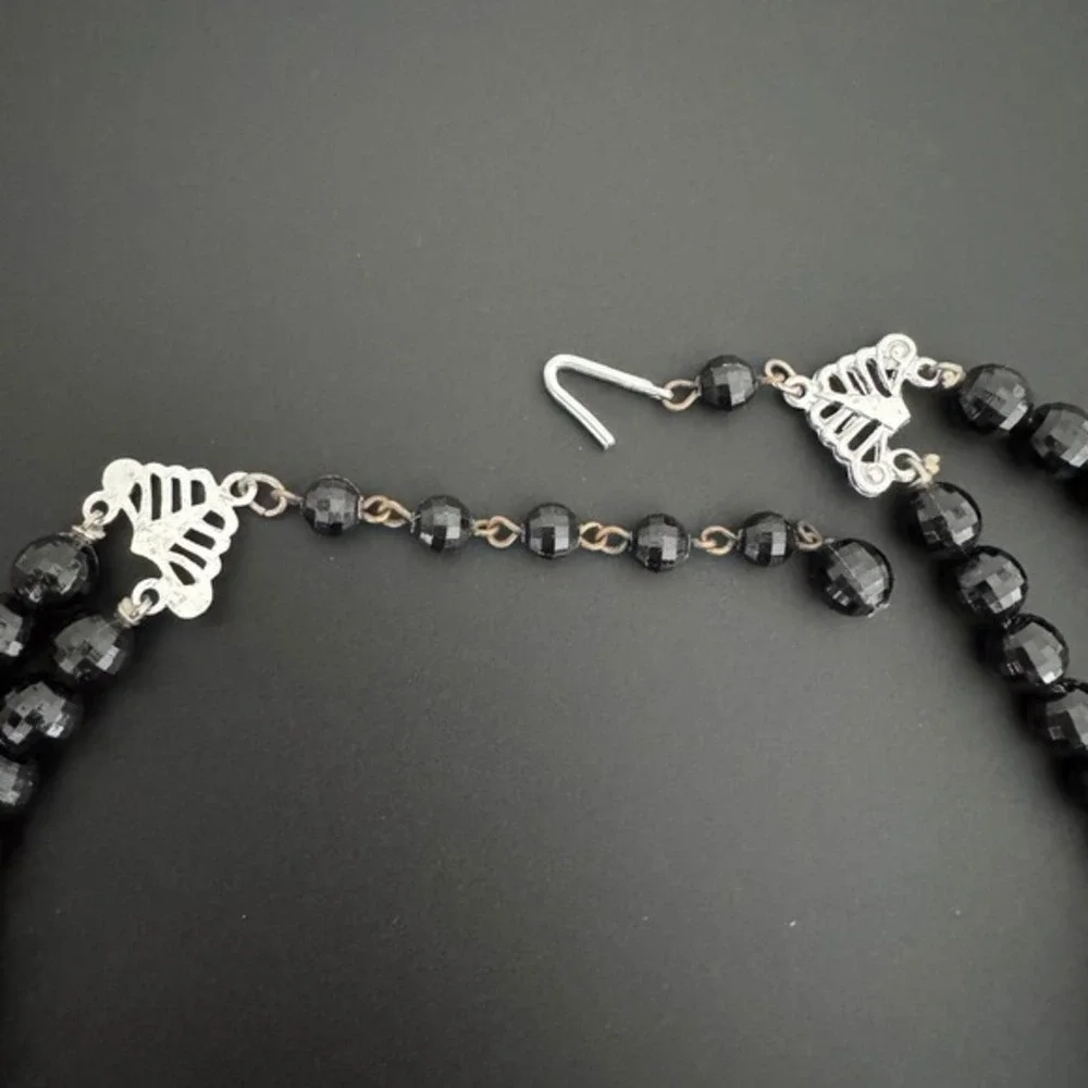 Vintage Black Faceted Bead Two Strand Necklace and Silver Tone Flower Brooch Set